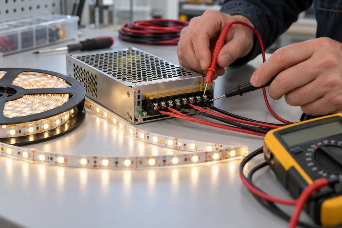 Kỹ thuật viên kiểm tra nguyên nhân đèn LED bị nhấp nháy